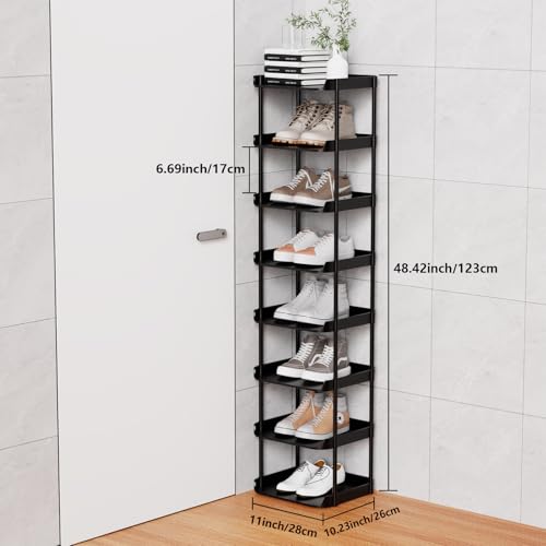 8 Tier Vertical Narrow Shoe Rack, Stackable Tall Skinny Shoerack, Compact Single Shoes Storage Tower for Slim Space, Corner Plastic Shelves, for Hallways, Entryway, Bedrooms Organizer, Black - view 3