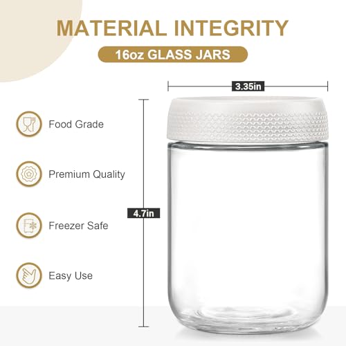 6-pack 16oz Glass jars with Airtight Lids, Overnight Oats Containers with Lids, Wide mouth Mason Salad jars, Glass Food Storage Containers for Snacks Yogurt Spice Sugar-White - view 2