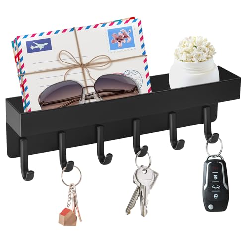 Key Holder Wall Mount, Magnetic Key Rack with Tray, 6 Hooks, Black
