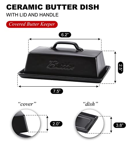 Ceramic Butter Dishes With Lid. Butter Holder/ Tray/ Storage With Lid And Handle. Porcelain Butter Keeper For Countertop. Butter Dish With Cover In Black Color. - view 2