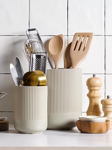Ceramic Kitchen Utensil Holder for Counter, 7.3/5.4", Oatmeal Gray - view 3