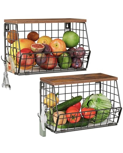 2-Tier Fruit Basket for Kitchen, Stackable Hanging Basket Wire Baskets with Wooden Lid, Wall-Mounted Kitchen Counter Organizer for Fruit, Vegetable Storage, Rustic Brown and Black TCW02P2BF