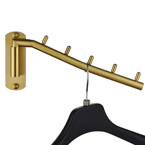 Folding Clothes Hanger Rack, Stainless Steel Swing Arm Hook Holder, Clothing Hanging System Drying Closet Storage Organizer Brushed Gold Wall Mount, SHR100-BG