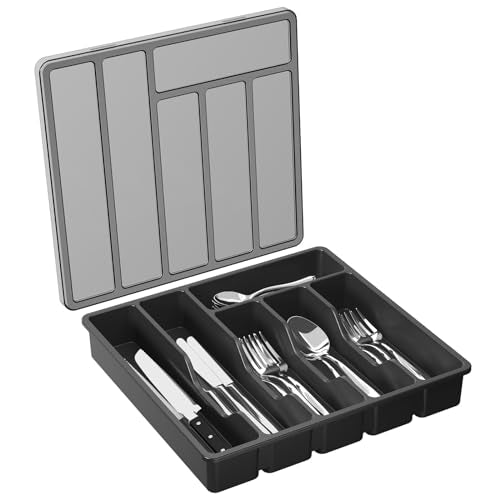 Silverware Organizer with Lid, Covered Utensil Tray, 12.6x11.8