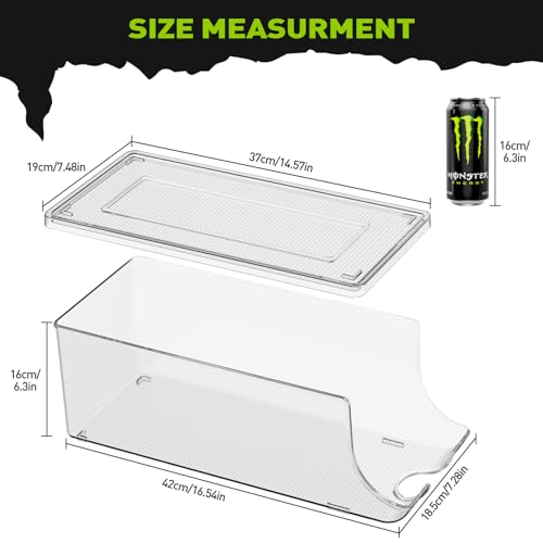 2 Pack Tall Skinny Can Organizer for Refrigerator, Stackable Large Soda Cans of 16oz & 17oz Beverage Energy Drink Container Holder Dispenser with Lid for Fridge, Clear Storage Plastic Bins - view 5