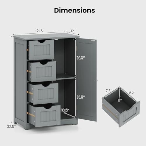 Bathroom Cabinet, Freestanding Storage Cabinet with 1 Door & 4 Drawers, 3-Level Adjustable Shelf, Anti-toppling System, Modern Storage Organizer for Bathroom, Living Room, Kitchen (Gray) - view 3