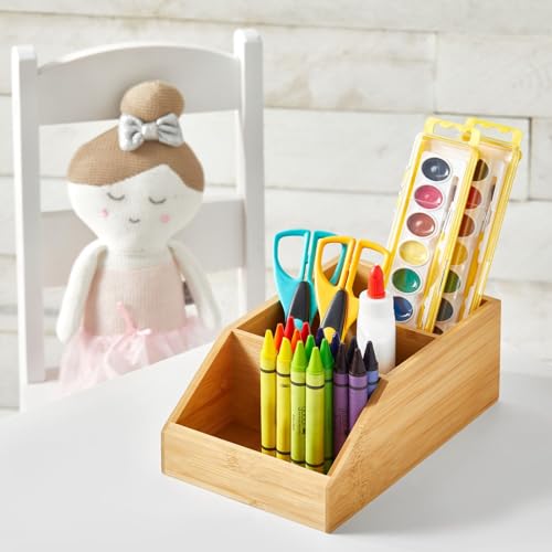 Bamboo Wood Compact Bathroom Storage Organizer Bin Box - 3 Divided Sections - Cabinets, Shelves, Countertops, Bedroom, Kitchen, Laundry Room, Closet, Garage - Natural/Tan - view 2
