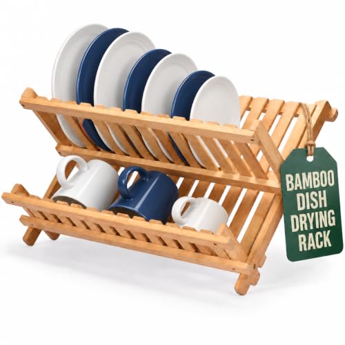 Bamboo Dish Drying Rack - Foldable Dish Rack for Kitchen - Collapsible & Compact Wooden Plate Holder - Eco-Friendly & Functional Wood Dryer Rack for Plates - Space-Saving Storage Organizer