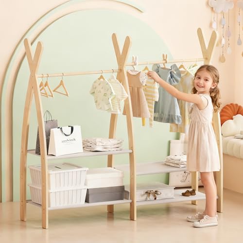Small Kid Clothing Rack Wood Montessori Garment Rack for Toddler Baby Wardrobe Closet Compact Dress Up Storage Organizer Hanging Rod with Basket for Costume Princess Skirt Coat Bedroom Nursery