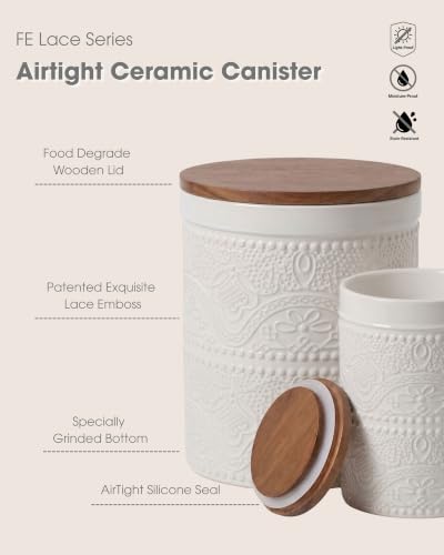 Ceramic Canister Sets for the Kitchen, Flour and Sugar Storage Containers, Coffee Canister with Airtight Lid for Countertops, Spices, and Food,(Lace Emboss) - view 3