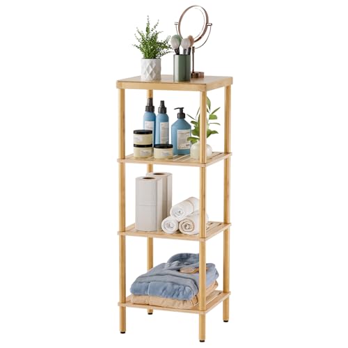 Bamboo Bathroom Shelf, 4-Tier Bathroom Storage Shelf, Multifunctional Storage Rack for Living Room Bedroom Kitchen, Space Saver