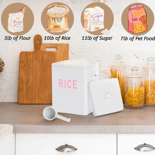 10 Lbs Metal Rice Storage Container, Square Rice Canister with Lid and Measuring Scoop, Countertop Sealed Food Storage Container for Cereal, Beans, Pet Food, White - view 6