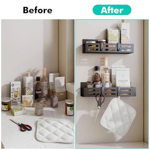 4 Pack Magnetic Spice Rack for Refrigerator with 4-Hook Rack and Paper Towel Holder, Black Magnetic Shelf and Fridge Kitchen Cabinet Organizers Storage Seasoning Organization Mini Shelves. - view 6