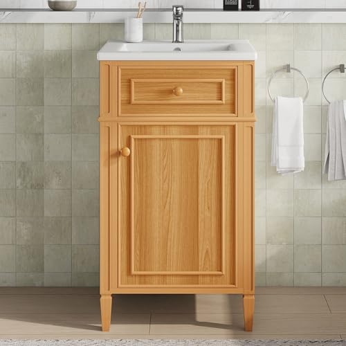 20-inch Bathroom Vanity with Sink Combo, Free-Standing Single Bathroom Storage Cabinet with Tilt-Out Drawer, Adjustable Shelf & Storage Rack, Wood Vanity with Ceramic Basin for Bathroom (Wood) - view 3