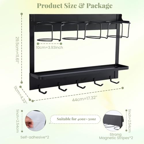 Water Bottle Organizer Holder, Magnetic Cup Rack Storage for Stanley & Large Tumbler, Space Saving Wall Mount Bottle Organizer with 5 Hook, Easy to Install, Black - view 4