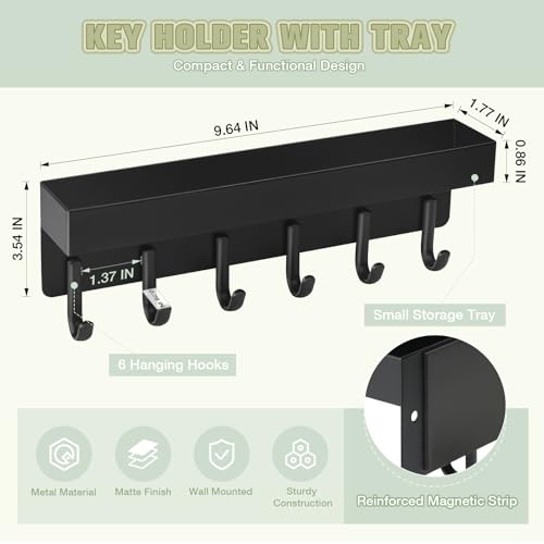 Key Holder Wall Mount, Magnetic Key Rack with Tray, 6 Hooks, Black - view 6
