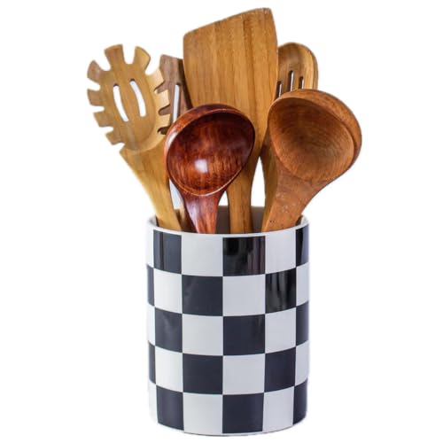 Kitchen Utensil Holder, 6.3 Inch Checkered Ceramic Cooking Utensil Holder Modern Utensil Crocks for Kitchen Counter-Farmhouse, Housewarming Gift, Decor and Accessories (Black, 6.3 Inch)