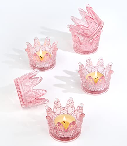 Votive Candle Holders Set of 6 Crown Glass Tealight Candle Holder for Wedding, Party and Home Decor (Pink) - view 2