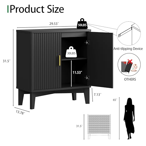 Fluted Sideboard Buffet Cabinet, 30" Wood Coffee Bar Cabinet, Black - view 2
