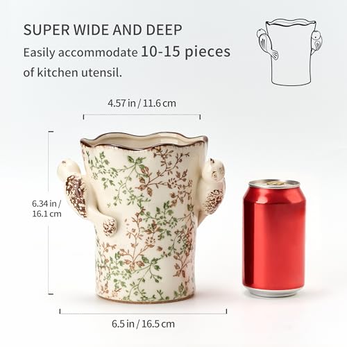 6.34'H Utensil Holder for Kitchen Counter, Modern Farmhouse Cooking Utensil Holder and Crock Home Kitchen Decor, Ceramic Utensil Organizer for Spatula, Ladle, Eggbeater, Rolling Pin- Green and Beige - view 2