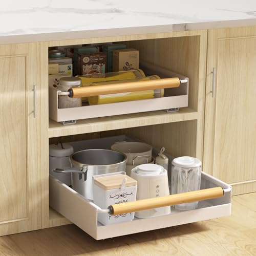 2 Pack No-Drill Pull Out Cabinet Organizer 15.3'' Deep Expandable Slide Out Drawers for Kitchen Pantry & Under Sink Storage, Adhesive Nano Film Mount, White