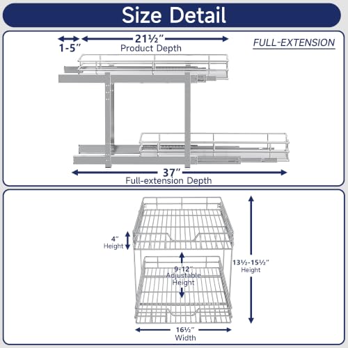 2-Tier Pull Out Cabinet Organizer, 16.5" W x 21.5" D, Heavy Duty Dual Slide Out Shelves for Base Cabinets, Chrome Wire Basket Drawer for Pantry, Kitchen & Bathroom Storage - view 2
