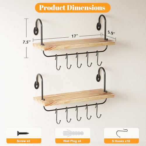 Floating Wall Shelves for Kitchen Bathroom Coffee Nook with 10 Adjustable Hooks for Coffee Mugs, Coffee Bar Organizer and Decor, Rustic Storage Shelves Set of 2 - view 3