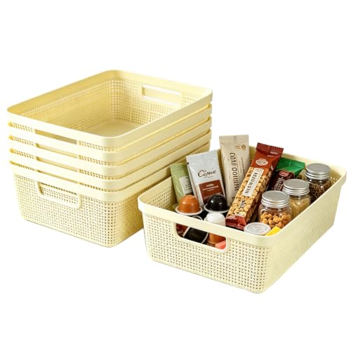 Plastic Storage Baskets, Small Pantry Baskets for Organizing, Woven Basket Organizer Basket Bins for Shelves, Organizer and Storage for Bathroom, Bedrooms, Kitchens (Milky white)