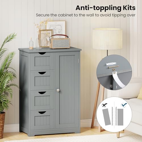 Bathroom Cabinet, Freestanding Storage Cabinet with 1 Door & 4 Drawers, 3-Level Adjustable Shelf, Anti-toppling System, Modern Storage Organizer for Bathroom, Living Room, Kitchen (Gray) - view 6
