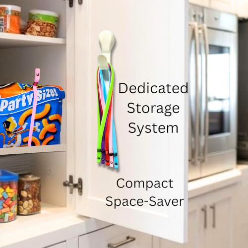Pantry Organization Kit for Chip, Snack, and Food Bags - Bag Bands (5ct) with Storage Hook - Pantry Door Organizer for Airtight Snack Storage, Adjustable Clips - Space-Saving Alternative to Chip Clips- Black - view 2