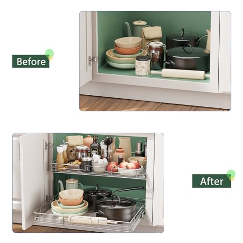 2 Tier Individual Pull Out Cabinet Organizer 25½" W x 21½" D, Slide Out Kitchen Cabinet Storage Sliding Shelves - view 6