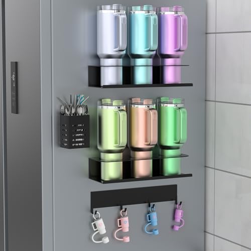 4 Pack Magnetic Cup Holder for Refrigerator, Water Bottle Organizer for Stanley and Tumbler, Accessory with Lid Hook Straw Holder and Double Sided Tape for Kitchen Fridge Cabinet