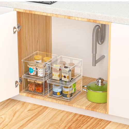 4 Pack Stackable Plastic Makeup Organizer Drawers, Acrylic Organizers, Clear Storage Bins with Pull-Out Handles for Vanity, Kitchen Cabinets, Pantry - view 6