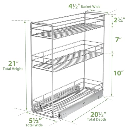 Pull Out Spice Rack Cabinet Organizer 5½" W x 20½" D, 3 Tier Heavy Duty Sliding Spice Cabinet Organization for Narrow Cabinet, Pull Out Shelves for Kitchen - view 3