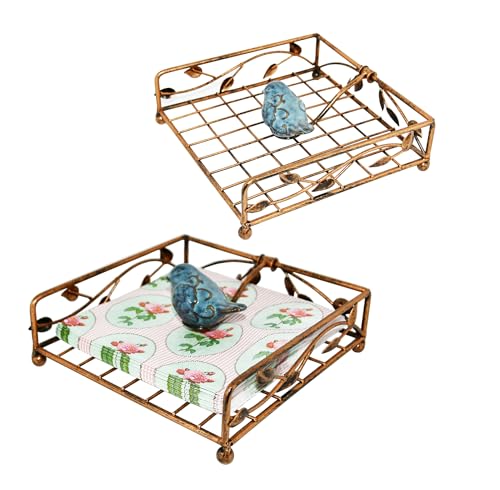 Collection Set of 2 Bronze Coated Metal Flat Napkin Holder Dispensing Stand w/Ceramic Bird, Kitchen and Countertop Flat Napkin Storage Organizer - view 5