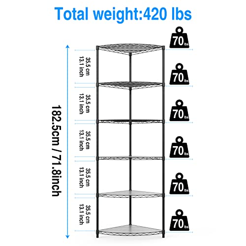 6 Tier Narrow Corner Wire Shelving Unit NSF Metal Shelf, 420lbs Capacity, Adjustable Storage Rack with Leveling Feet & Shelf Liners for Kitchen Garage Room,72" H X 18" L X 18" D - view 3