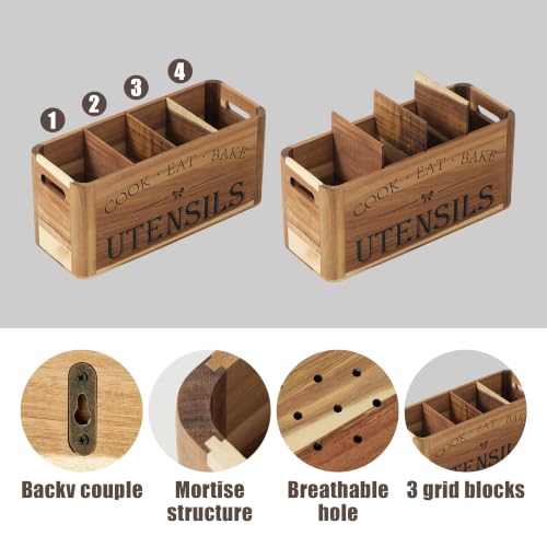 Utensil Holder for Kitchen Countertop - Extra Large 4 Compartment Wooden Organizer in Acacia Wood, Storage for Cooking Tools and Cutlery, Farmhouse Style for Home Cooking - view 3