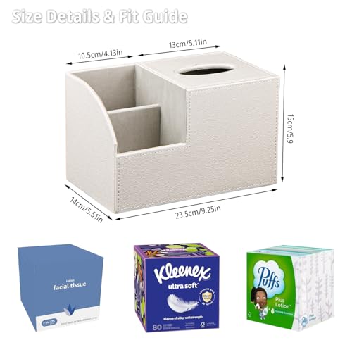 Square Tissue Box Cover with Storage, PU Leather Facial Cube Tissue Holder.TV Remote Control Holder, Desk Accessories Nightstand Organizer, Modern Table Caddy for Bathroom, Bedroom, Home, Office Decor - view 2