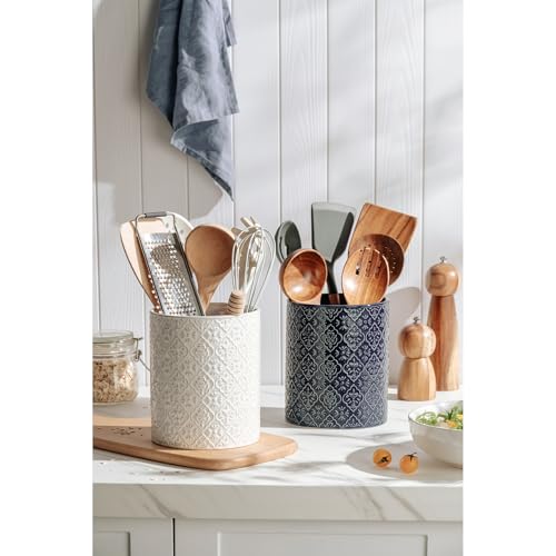 Kitchen Utensil Holder, 6x7 inch Large Ceramic Utensil Holder with Embossed Pattern, Cooking Utensil Crocks for Kitchen Countertop, Home Decor, Off-White - view 4