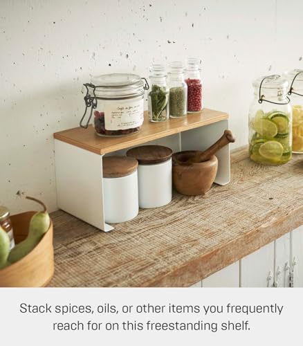 YAMAZAKI Home Tosca Wood-Top Stackable Kitchen Rack - Modern Counter Shelf Organizer - Small - Steel + Wood - Stack Up to Two - view 4