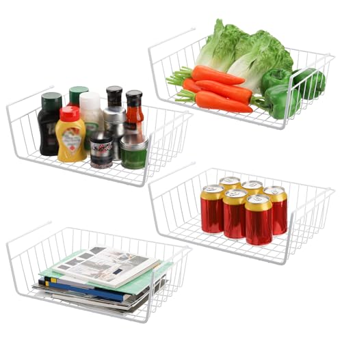 4 Pack White Under Shelf Wire Basket Hanging Storage Baskets, Under Cabinet Add-on Storage Racks Slide-in Baskets Organizer for Kitchen Pantry Desk Bookshelf