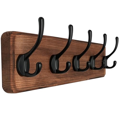 Rustic Coat Rack Wall Mount, 5 Hooks, 17 Inch, Solid Wood, Brown