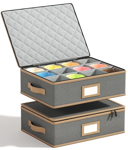 Mug Storage Box, Hard Shell China Organizer with Dividers, Beige, 2 Peice