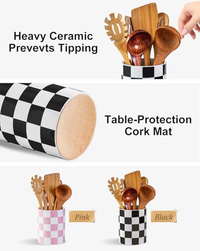 Kitchen Utensil Holder, 6.3 Inch Checkered Ceramic Cooking Utensil Holder Modern Utensil Crocks for Kitchen Counter-Farmhouse, Housewarming Gift, Decor and Accessories (Black, 6.3 Inch) - view 6