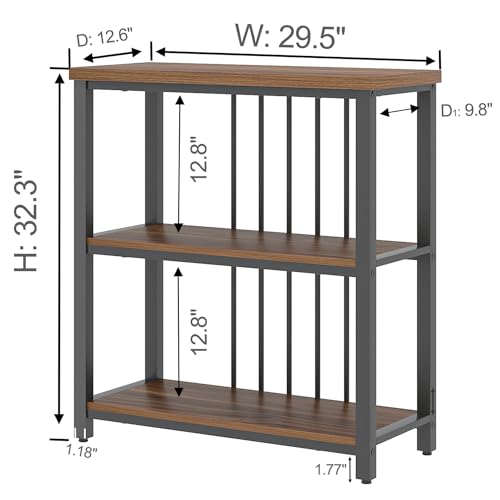 Bookshelf, Small Modern 3 Tier Bookcase, Wood and Metal Standing Storage Book Shelves for Living Room, Office, Bedroom (Rustic Walnut) - view 2