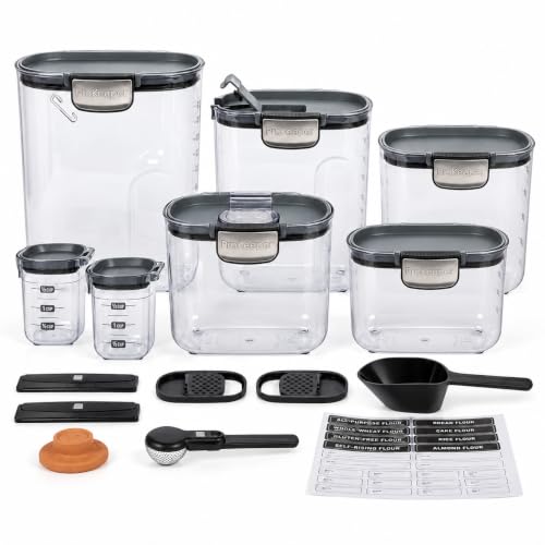 + Airtight Food Storage Container Set – Clear Plastic Flour and Sugar Canister Set with Magnetic Accessories for Kitchen Organization (Grey, 14-Piece)