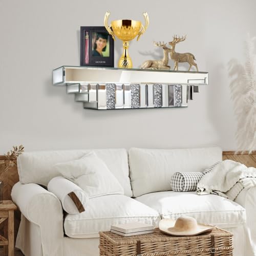Mirrored Floating Shelf for Wall-23 Crushed Crystal Diamond Wall Shelf, Silver Mirror Display Shelf for Bathroom, Living Room, Bedroom-Glam Art Deco Showcase for Perfume, Jewelry, Small Plants - view 5