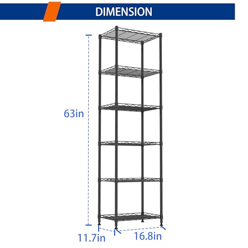 6 Wire Shelving Steel Storage Rack Adjustable Unit Shelves for Laundry Bathroom Kitchen Pantry Closet(Black,11.7" D x 16.8" W x 63" H) - view 3