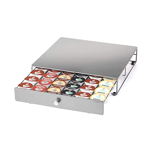 Nifty Coffee Pod Drawer - Silver Finish, Compatible with K-Cups, 36 Pod Pack Holder, Non-Rolling, Compact Under Coffee Pot Storage Sliding Drawer, Slim Home Kitchen Counter Organizer