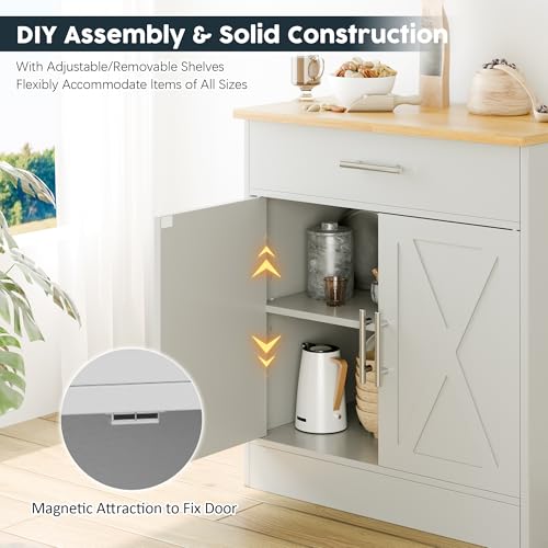 Coffee Bar Cabinet, Wooden Storage Cabinet with 2 Doors and 1 Drawers, Adjustable Shelf, Modern Farmhouse Kitchen Buffet Sideboard Cabinet with Storage for Kitchen, White&Yellow - view 6